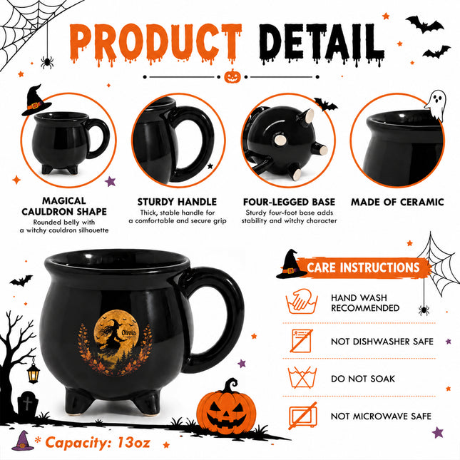 Personalized Harvest Moon Witch Cauldron Mug Halloween Flying Witch