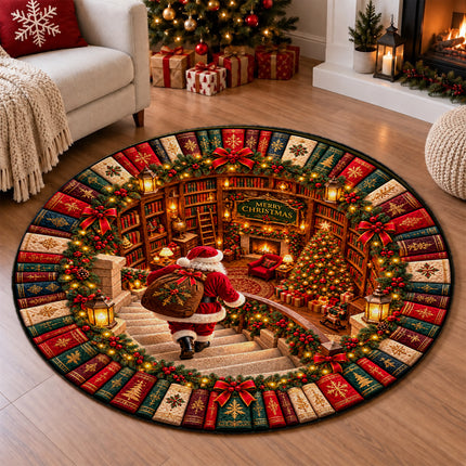 Christmas Round Rug Santa Library Fireplace Doormat