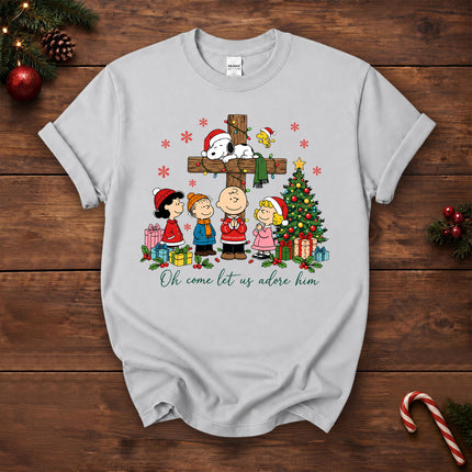 Oh Come Let Us Adore Him Christian Christmas Cross T-Shirt