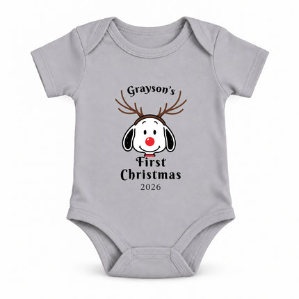 Personalized First Christmas 2026 Reindeer Name Baby Bodysuit