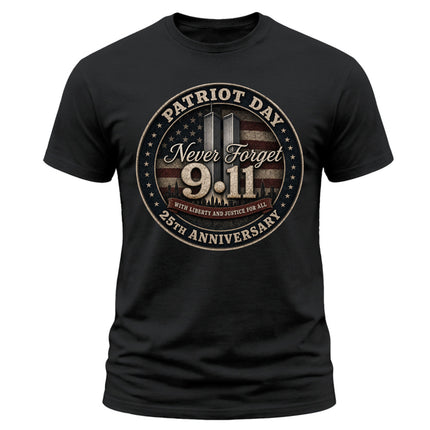 Patriot Day 9/11 Never Forget 25th Anniversary Memorial American Flag T-Shirt