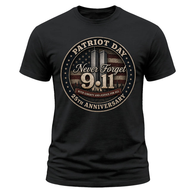 Patriot Day 9/11 Never Forget 25th Anniversary Memorial American Flag T-Shirt