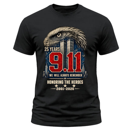 9/11 25th Anniversary Never Forget Honoring Heroes Memorial Patriotic T-Shirt