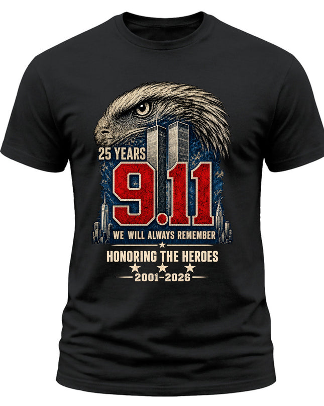 9/11 25th Anniversary Never Forget Honoring Heroes Memorial Patriotic T-Shirt