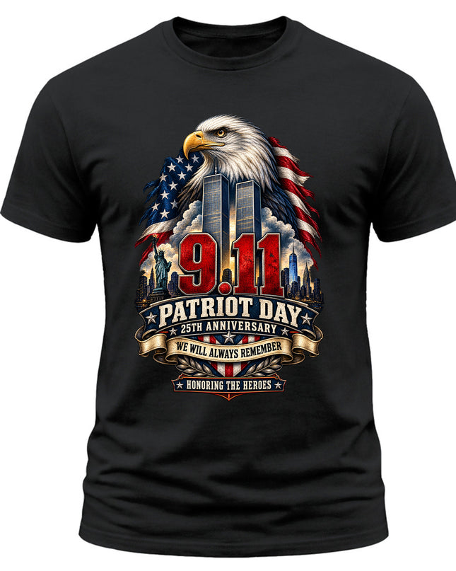 9/11 Patriot Day 25th Anniversary Never Forget Memorial Honoring Heroes T-Shirt