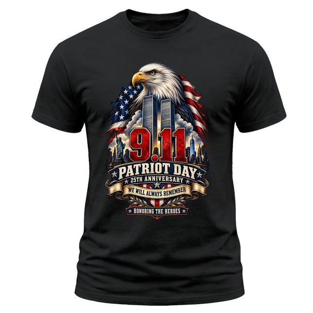 9/11 Patriot Day 25th Anniversary Never Forget Memorial Honoring Heroes T-Shirt