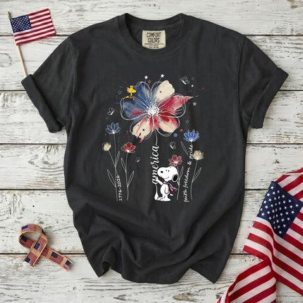 BLACK_1b7c7172-bf4b-46b1-9c6f-15c629db33aa - AuraNations - Comfort Colors America Faith Freedom Pride Watercolor Flower Patriotic Dog T-Shirt - Black / S - 250TH ANNIVERSARY, ALL, COMFORT COLORS, NO CUSTOM, PRODUCTS, SNPY, TSHIRT