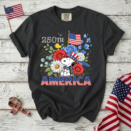BLACK_1d740b58-4436-42e6-a5e2-c54f7ad59f37 - AuraNations - Comfort Colors 250th America Patriotic Top Hat Floral Dog T-Shirt - Black / S - 250TH ANNIVERSARY, ALL, COMFORT COLORS, NO CUSTOM, PRODUCTS, SNPY, TSHIRT