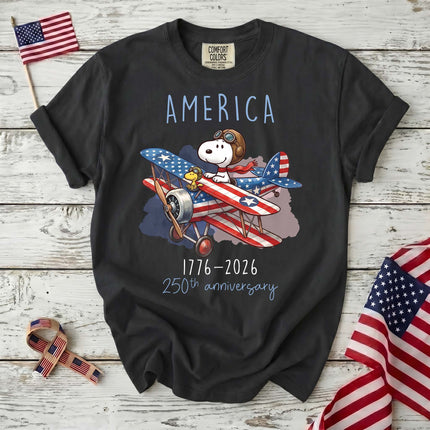 BLACK_1e13e809-e456-4d55-97bb-d95d326bcf7c - AuraNations - Comfort Colors America 1776-2026 250th Anniversary Patriotic Airplane Dog T-Shirt - Black / S - 250TH ANNIVERSARY, ALL, COMFORT COLORS, NO CUSTOM, PRODUCTS, SNPY, TSHIRT