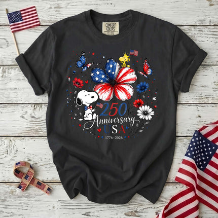 BLACK_27176b79-3fdc-449c-b41b-906341e09fc2 - AuraNations - Comfort Colors 250th Anniversary USA Flag Flower Butterflies Dog T-Shirt - Black / S - 250TH ANNIVERSARY, ALL, COMFORT COLORS, NO CUSTOM, PRODUCTS, SNPY, TSHIRT