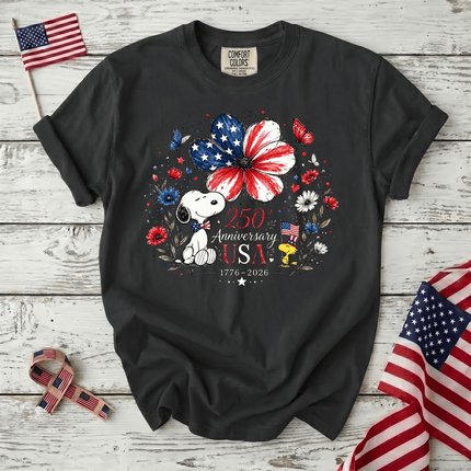 BLACK_4c505fde-09b3-46db-bdb5-4c366ac3cf30 - AuraNations - Comfort Colors 250th Anniversary USA Flag Flower Patriotic Bird Dog T-Shirt - Black / S - 250TH ANNIVERSARY, ALL, COMFORT COLORS, NO CUSTOM, PRODUCTS, SNPY, TSHIRT