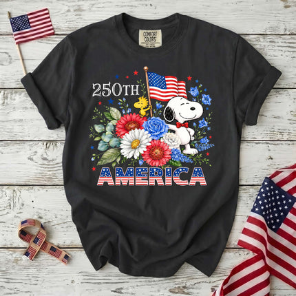 BLACK_5d1afb5a-d57d-458c-a576-91a100689fe6 - AuraNations - Comfort Colors 250th America Patriotic Floral Bowtie Dog T-Shirt - Black / S - 250TH ANNIVERSARY, ALL, COMFORT COLORS, NO CUSTOM, PRODUCTS, SNPY, TSHIRT