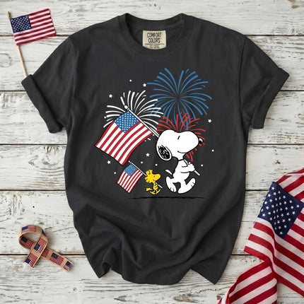 BLACK_6a32d2ce-bfa3-48e4-ad52-a6d81d5a56bd - AuraNations - Comfort Colors Fireworks Patriotic Marching Flag Dog T-Shirt - Black / S - 250TH ANNIVERSARY, ALL, COMFORT COLORS, NO CUSTOM, PRODUCTS, SNPY, TSHIRT