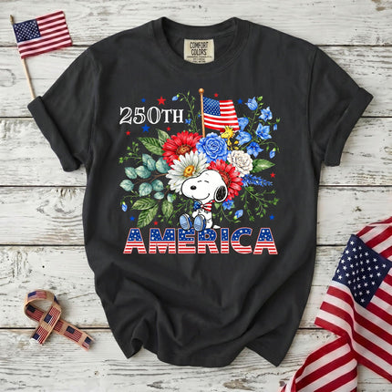 BLACK_74d53a64-1de4-42b5-9e5c-800573353ad2 - AuraNations - Comfort Colors 250th America Patriotic Sitting Floral Dog T-Shirt - Black / S - 250TH ANNIVERSARY, ALL, COMFORT COLORS, NO CUSTOM, PRODUCTS, SNPY, TSHIRT