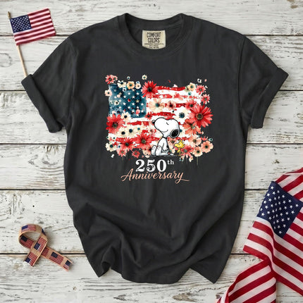 BLACK_750f86e7-d2cc-4fd8-986b-c7cc9bdbfea5 - AuraNations - Comfort Colors 250th Anniversary USA Floral Flag Sitting Dog T-Shirt - Black / S - 250TH ANNIVERSARY, ALL, COMFORT COLORS, NO CUSTOM, PRODUCTS, SNPY, TSHIRT