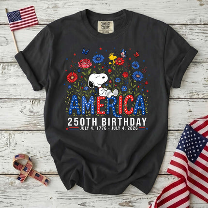 BLACK_7a10d63d-e5bb-4b8b-a12f-27c42ed3bfa5 - AuraNations - Comfort Colors America 250th Birthday Floral Garden Dog T-Shirt - Black / S - 250TH ANNIVERSARY, ALL, COMFORT COLORS, NO CUSTOM, PRODUCTS, SNPY, TSHIRT