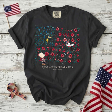 BLACK_7df87124-be8d-4ce4-87d9-ff6cc287b029 - AuraNations - Comfort Colors 250th Anniversary USA Floral Vine Flag Friends T-Shirt - Black / S - 250TH ANNIVERSARY, ALL, COMFORT COLORS, NO CUSTOM, PRODUCTS, SNPY, TSHIRT