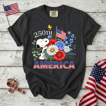 BLACK_8f7b2914-8e2e-4f04-8d59-f92d8d7f400e - AuraNations - Comfort Colors 250th America Patriotic Floral Bouquet Dog T-Shirt - Black / S - 250TH ANNIVERSARY, ALL, COMFORT COLORS, NO CUSTOM, PRODUCTS, SNPY, TSHIRT