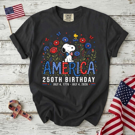 BLACK_906ae3bf-5eb7-4fc8-a248-fc0f54cb400d - AuraNations - Comfort Colors America 250th Birthday Bowtie Floral Dog T-Shirt - Black / S - 250TH ANNIVERSARY, ALL, COMFORT COLORS, NO CUSTOM, PRODUCTS, SNPY, TSHIRT