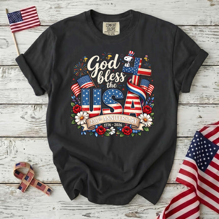 BLACK_c64a7f3a-cf21-49fa-9a16-f8c53bf7edf8 - AuraNations - Comfort Colors God Bless The USA 250th Anniversary Cross Dog T-Shirt - Black / S - 250TH ANNIVERSARY, ALL, COMFORT COLORS, NO CUSTOM, PRODUCTS, SNPY, TSHIRT
