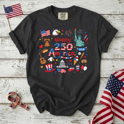Comfort Colors Happy 250 America Patriotic Icons Doodle T-Shirt