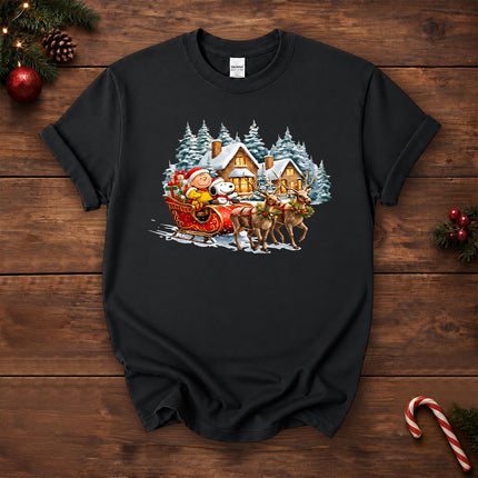 Christmas Reindeer Sleigh Ride Snowy Village T-Shirt