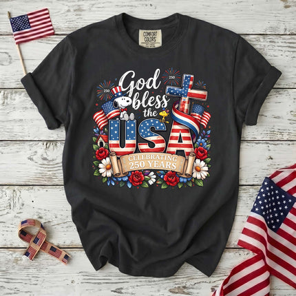 Comfort Colors God Bless The USA Celebrating 250 Years Cross Dog T-Shirt