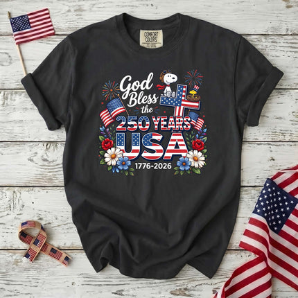 Comfort Colors God Bless The USA 250 Years Patriotic Cross T-Shirt