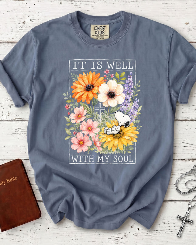 Comfort Colors It Is Well With My Soul Christian Floral Cross T-Shirt