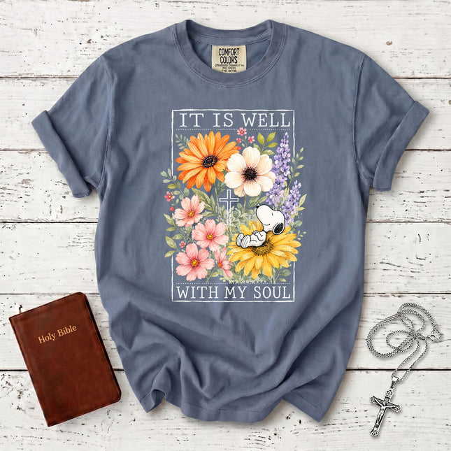 Comfort Colors It Is Well With My Soul Christian Floral Cross T-Shirt
