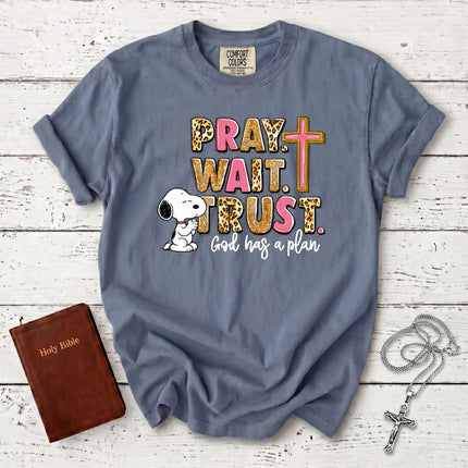 Comfort Colors Pray Wait Trust God Has a Plan Christian Cross Faith T-Shirt