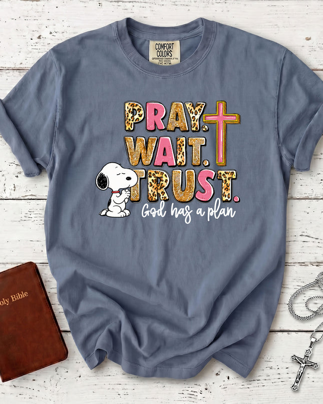 Comfort Colors Pray Wait Trust God Has a Plan Christian Cross Faith T-Shirt
