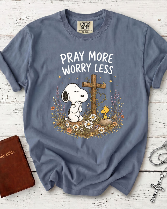 Comfort Colors Pray More Worry Less Christian Cross Floral Faith T-Shirt