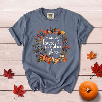 Comfort Colors Fall Autumn Leaves Pumpkins Wreath Thanksgiving T-Shirt