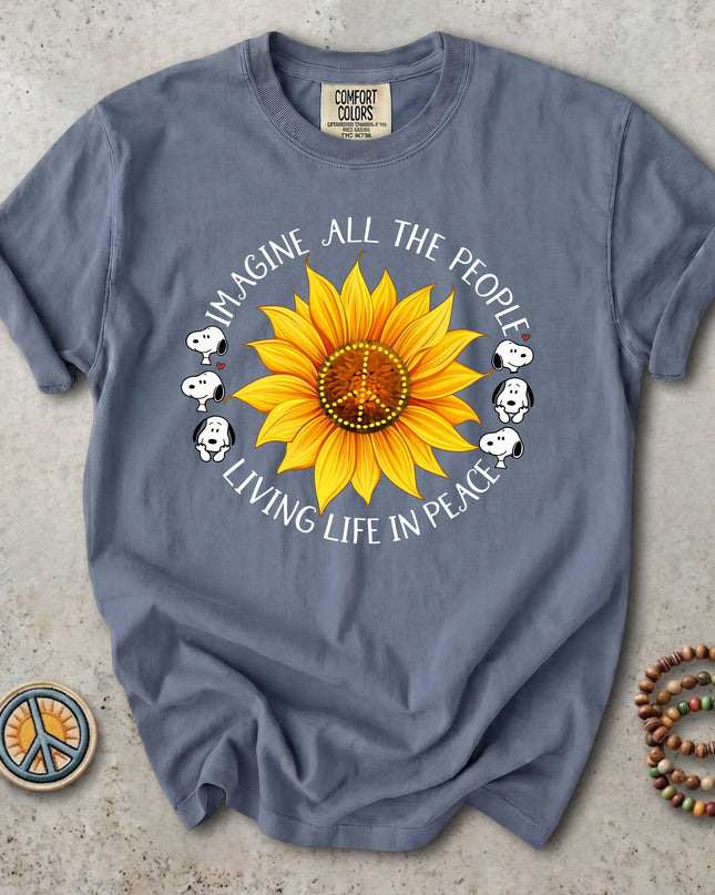 Comfort Colors Imagine All The People Sunflower Peace Sign Hippie T-Shirt