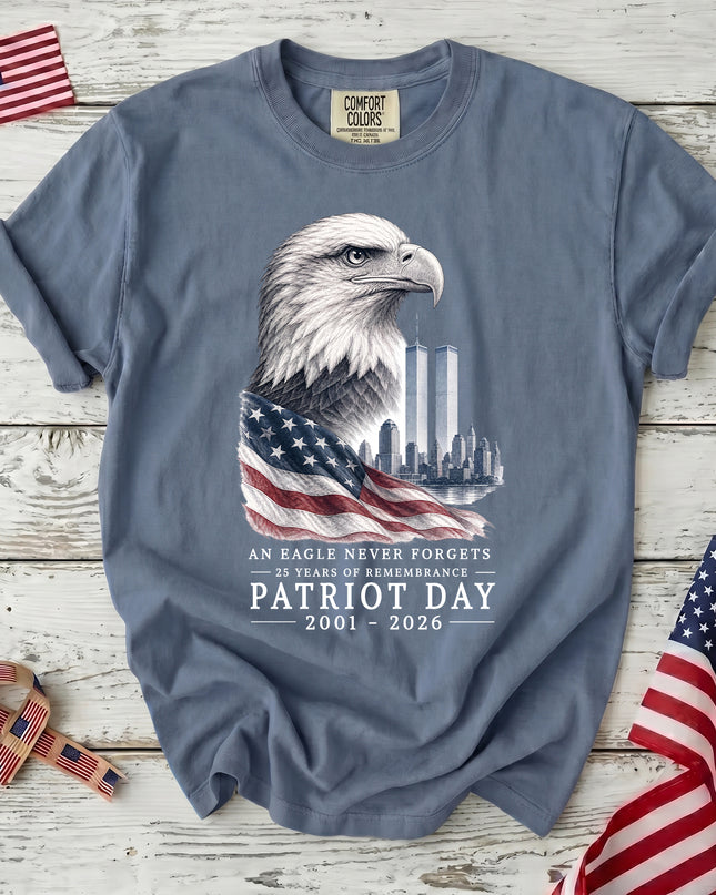 Comfort Colors 25th Anniversary Patriot Day 911 Eagle Never Forgets Memorial T-Shirt