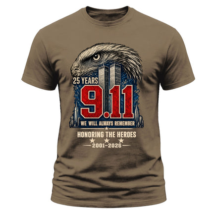 9/11 25th Anniversary Never Forget Honoring Heroes Memorial Patriotic T-Shirt
