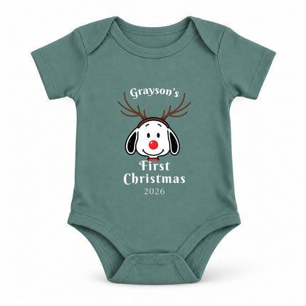 Personalized First Christmas 2026 Reindeer Name Baby Bodysuit