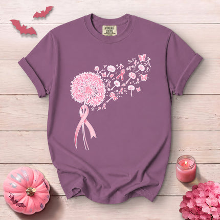 Comfort Colors Breast Cancer Awareness Pink Dandelion Ribbon Butterfly T-Shirt