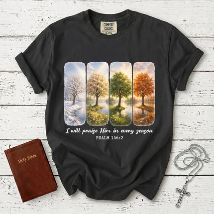 Comfort Colors I Will Praise Him in Every Season Psalm 146:2 Christian Bible Verse T-Shirt