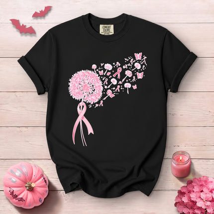 Comfort Colors Breast Cancer Awareness Pink Dandelion Ribbon Butterfly T-Shirt