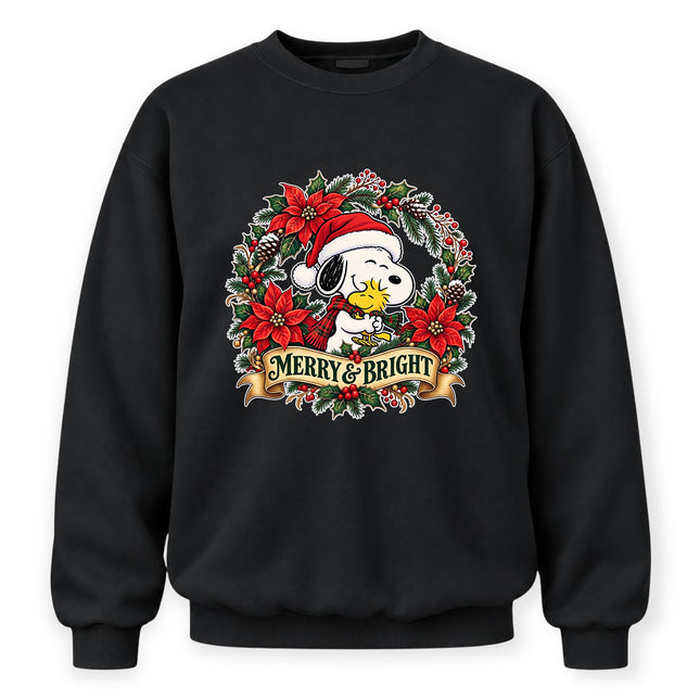 Merry and Bright Christmas Poinsettia Wreath Sweatshirt