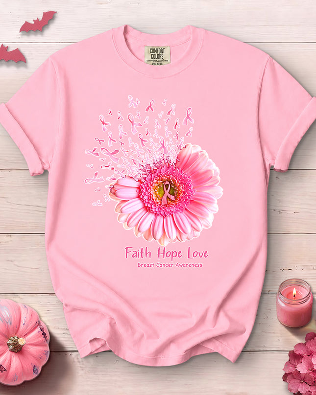Comfort Colors Faith Hope Love Breast Cancer Awareness Flower T-Shirt