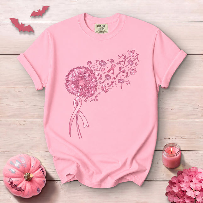 Comfort Colors Breast Cancer Awareness Pink Dandelion Ribbon Butterfly T-Shirt