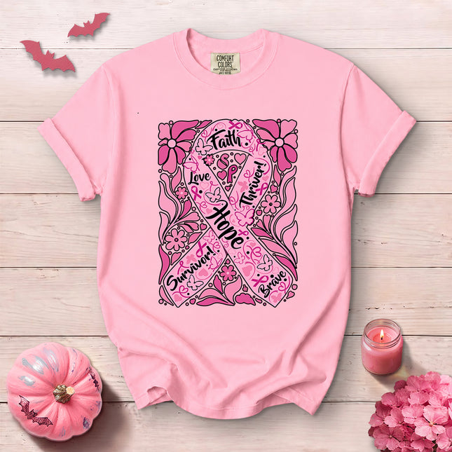Comfort Colors Breast Cancer Awareness Faith Hope Survivor Floral T-Shirt