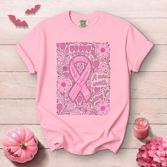 Comfort Colors Breast Cancer Awareness A Cure Worth Fighting Tulip Floral T-Shirt