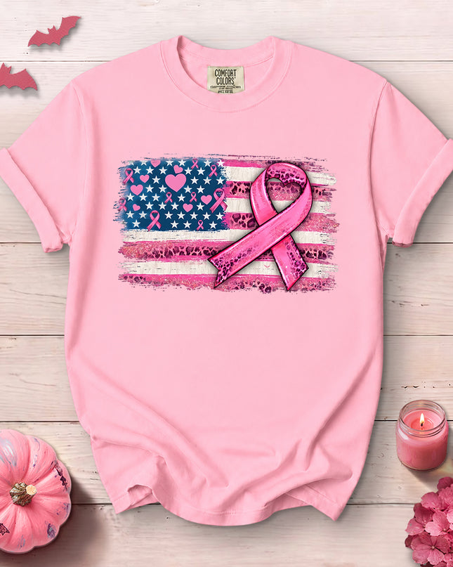 Comfort Colors Patriotic Breast Cancer Awareness Pink Ribbon T-Shirt
