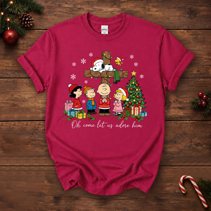 Oh Come Let Us Adore Him Christian Christmas Cross T-Shirt