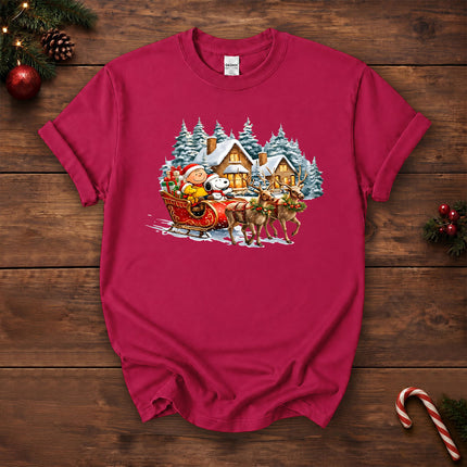 Christmas Reindeer Sleigh Ride Snowy Village T-Shirt