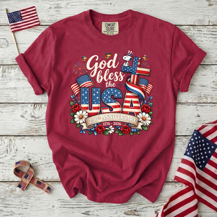 CRIMSON_416c0930-c779-4a22-9c89-344c919f56d2 - AuraNations - Comfort Colors God Bless The USA 250th Anniversary Cross Dog T-Shirt - Crimson / S - 250TH ANNIVERSARY, ALL, COMFORT COLORS, NO CUSTOM, PRODUCTS, SNPY, TSHIRT